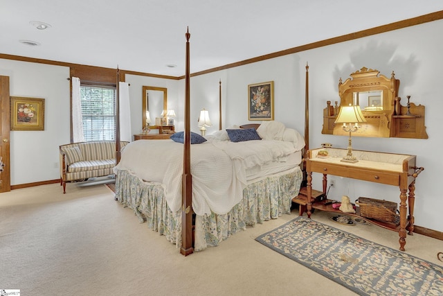 carpeted bedroom featuring ornamental molding