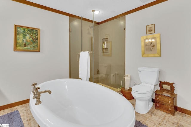 bathroom with tile patterned floors, crown molding, a textured ceiling, toilet, and independent shower and bath