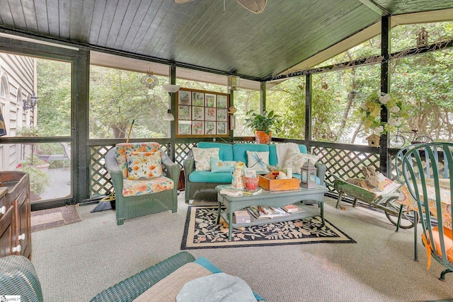 sunroom with wooden ceiling and vaulted ceiling