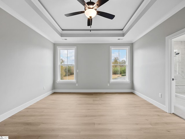 empty room with a raised ceiling, light hardwood / wood-style flooring, and a healthy amount of sunlight