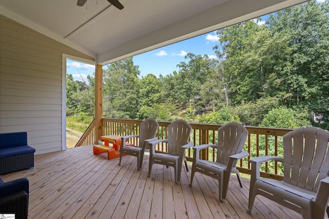 wooden deck with ceiling fan