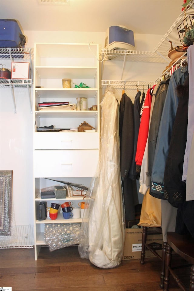 spacious closet with dark wood-type flooring