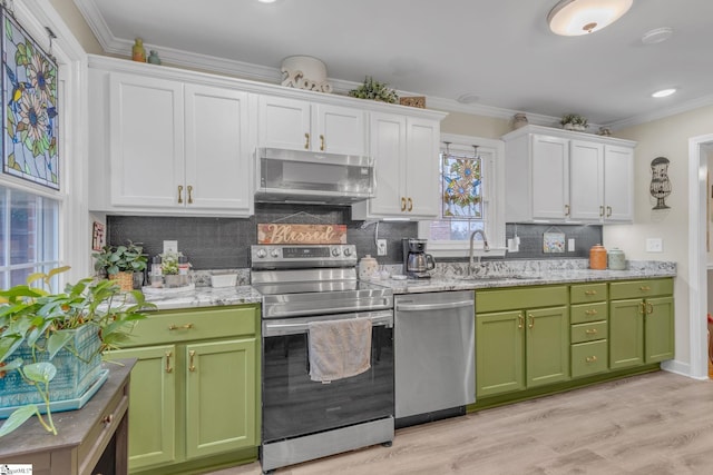 kitchen with sink, white cabinets, ornamental molding, and appliances with stainless steel finishes