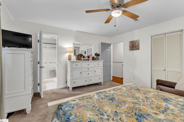 bedroom with ceiling fan and light colored carpet