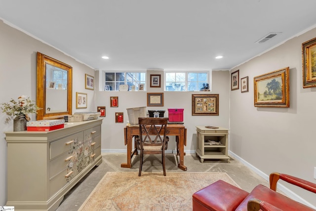 office space featuring crown molding