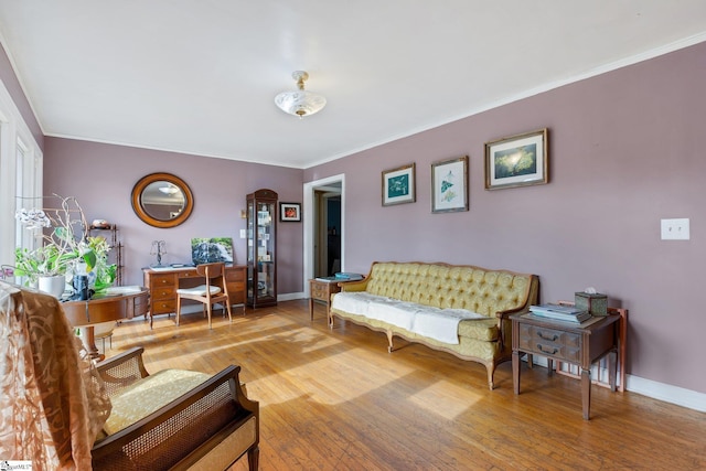 living room featuring light hardwood / wood-style floors and ornamental molding