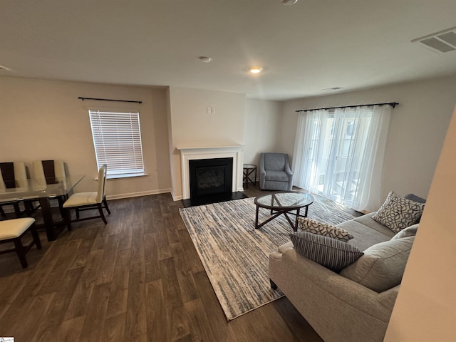 living room with dark wood-type flooring