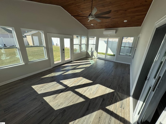 unfurnished sunroom with a wall mounted air conditioner, lofted ceiling, wood ceiling, and french doors