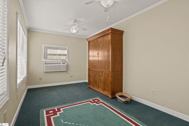 unfurnished bedroom featuring ceiling fan, dark carpet, and crown molding