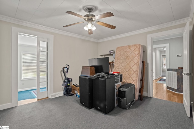 carpeted office with ceiling fan and crown molding