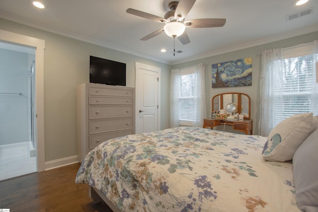 bedroom with ceiling fan, dark hardwood / wood-style flooring, crown molding, and multiple windows