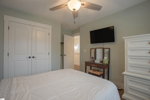 bedroom featuring a closet and ceiling fan