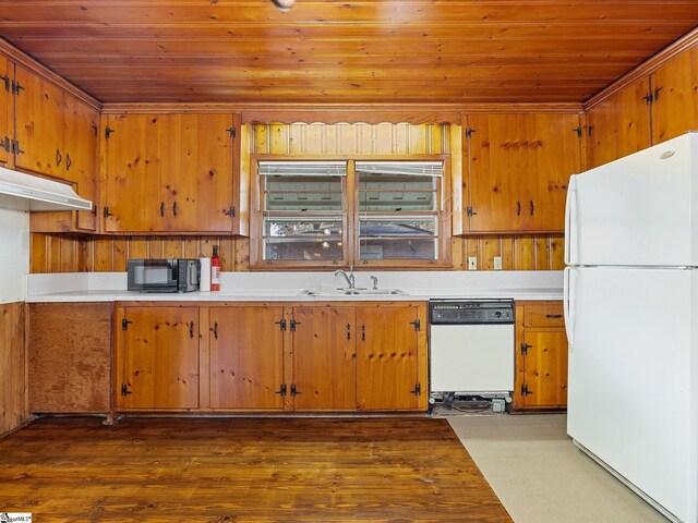 kitchen with dark hardwood / wood-style flooring, white appliances, sink, and wood ceiling