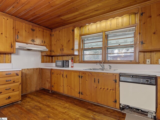 kitchen featuring dishwasher, wood walls, wooden ceiling, sink, and dark hardwood / wood-style floors