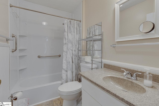 full bathroom featuring tile patterned floors, vanity, toilet, and shower / bathtub combination with curtain