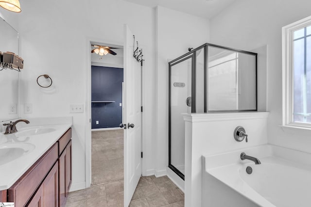 bathroom featuring shower with separate bathtub, vanity, and ceiling fan