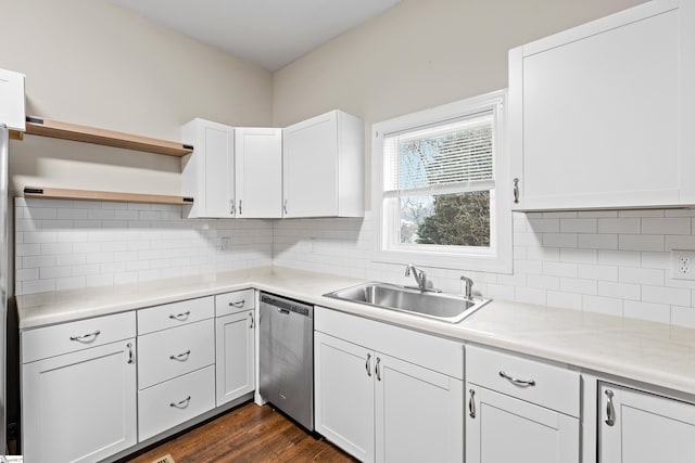 kitchen featuring backsplash, dark hardwood / wood-style flooring, stainless steel dishwasher, sink, and white cabinetry