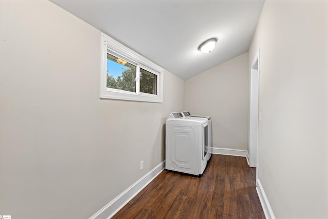 washroom featuring independent washer and dryer and dark wood-type flooring