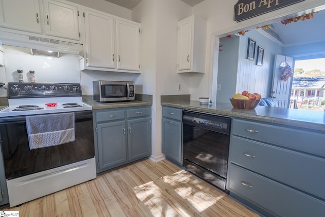 kitchen featuring white range with electric cooktop, light hardwood / wood-style flooring, white cabinets, and black dishwasher