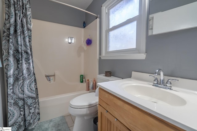 full bathroom with tile patterned flooring, vanity, toilet, and shower / bathtub combination with curtain