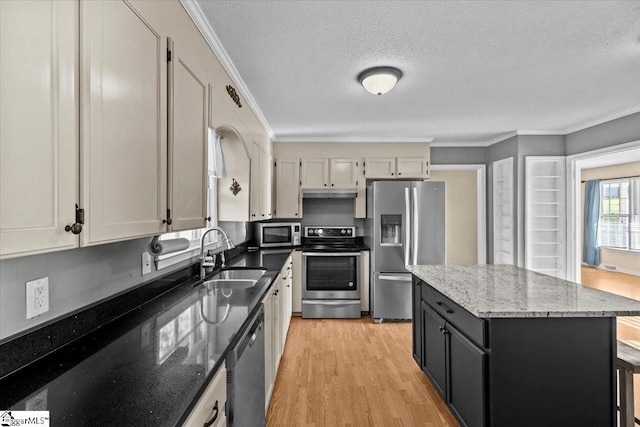 kitchen featuring sink, a center island, light hardwood / wood-style flooring, appliances with stainless steel finishes, and ornamental molding