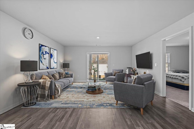 living room featuring dark wood-type flooring