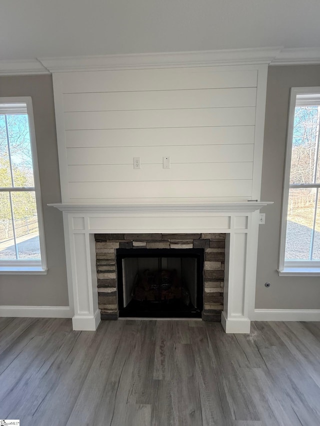 details with hardwood / wood-style flooring, crown molding, and a fireplace