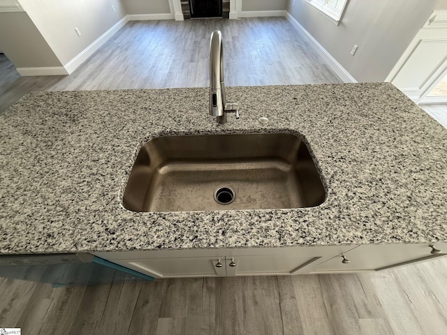 interior details featuring wood-type flooring, light stone countertops, and sink