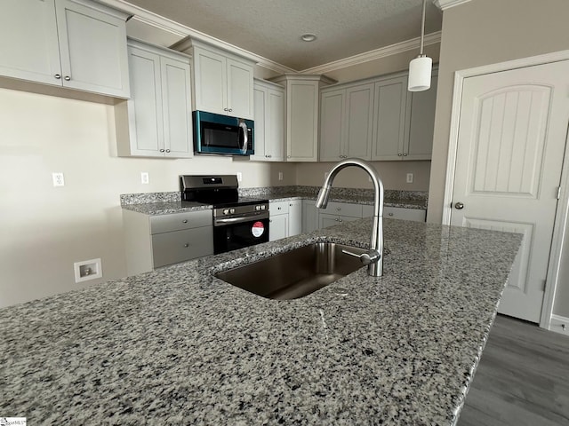 kitchen with sink, stainless steel range with electric stovetop, ornamental molding, pendant lighting, and light stone countertops