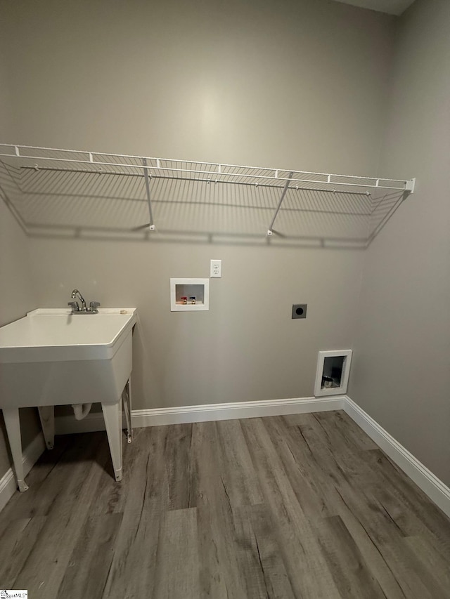 laundry area featuring wood-type flooring, hookup for a washing machine, and electric dryer hookup