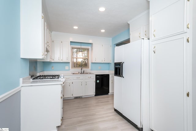 kitchen with white cabinetry, dishwasher, light hardwood / wood-style floors, and white fridge with ice dispenser