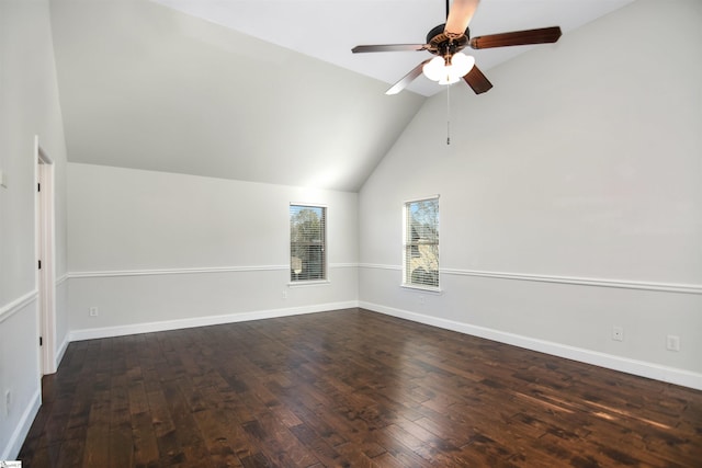 spare room featuring lofted ceiling, ceiling fan, and dark hardwood / wood-style floors