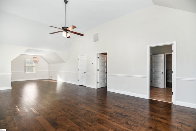 bonus room with dark hardwood / wood-style flooring, high vaulted ceiling, and ceiling fan