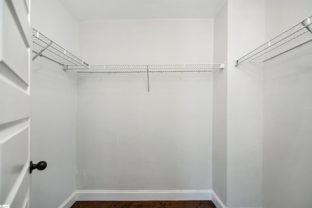 walk in closet with dark hardwood / wood-style floors