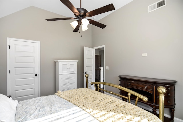 bedroom with ceiling fan and lofted ceiling