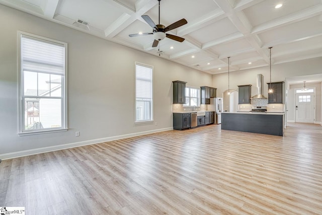 unfurnished living room featuring beam ceiling, light wood-type flooring, a wealth of natural light, and coffered ceiling