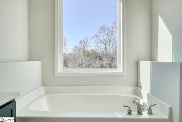 bathroom with vanity and a washtub