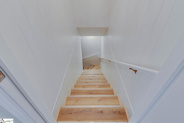 staircase with wooden walls