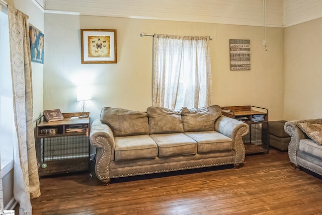 living room with hardwood / wood-style floors and ornamental molding