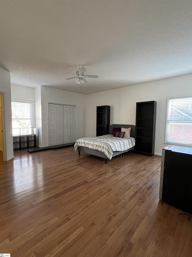 bedroom with multiple windows, dark hardwood / wood-style flooring, a closet, and ceiling fan