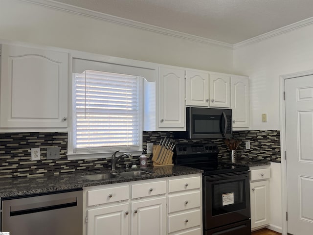 kitchen featuring dark stone counters, white cabinets, sink, black electric range, and dishwashing machine