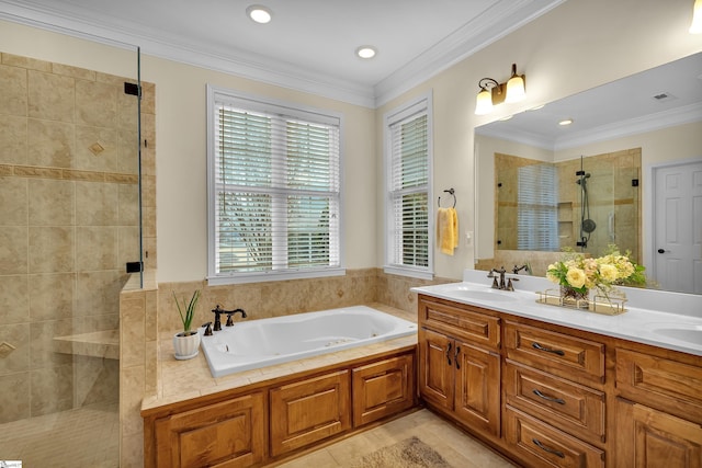 bathroom featuring tile patterned flooring, vanity, shower with separate bathtub, and crown molding