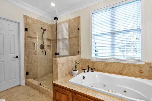 bathroom featuring ornamental molding, shower with separate bathtub, and a wealth of natural light