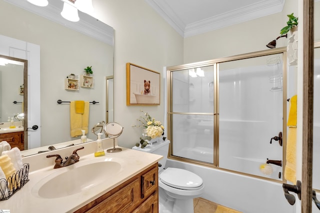 full bathroom featuring crown molding, tile patterned flooring, vanity, and combined bath / shower with glass door