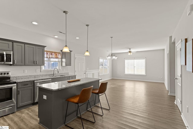 kitchen with ceiling fan with notable chandelier, a center island, a healthy amount of sunlight, and stainless steel appliances