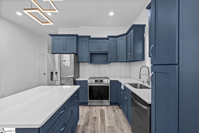 kitchen featuring backsplash, stainless steel appliances, sink, blue cabinetry, and light hardwood / wood-style floors