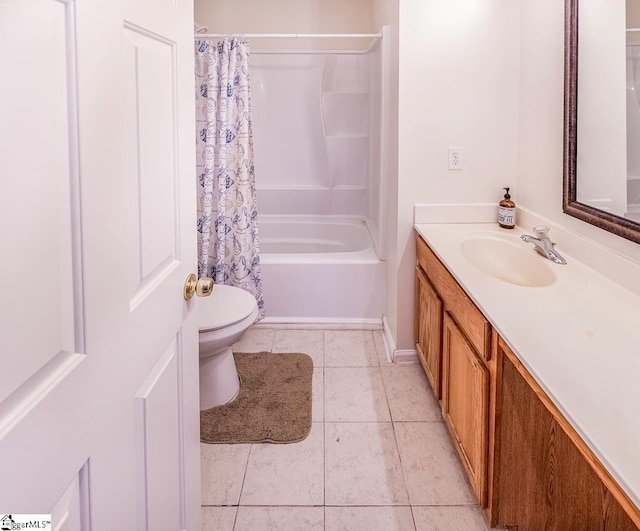 full bathroom featuring vanity, tile patterned flooring, shower / bathtub combination with curtain, and toilet