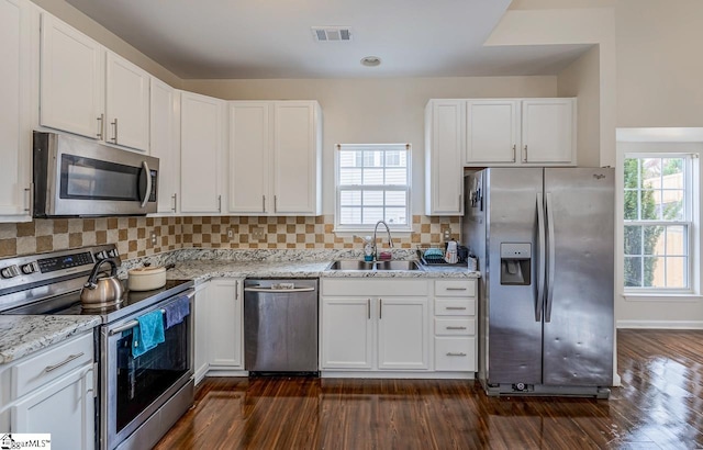 kitchen with dark hardwood / wood-style flooring, sink, a healthy amount of sunlight, and appliances with stainless steel finishes