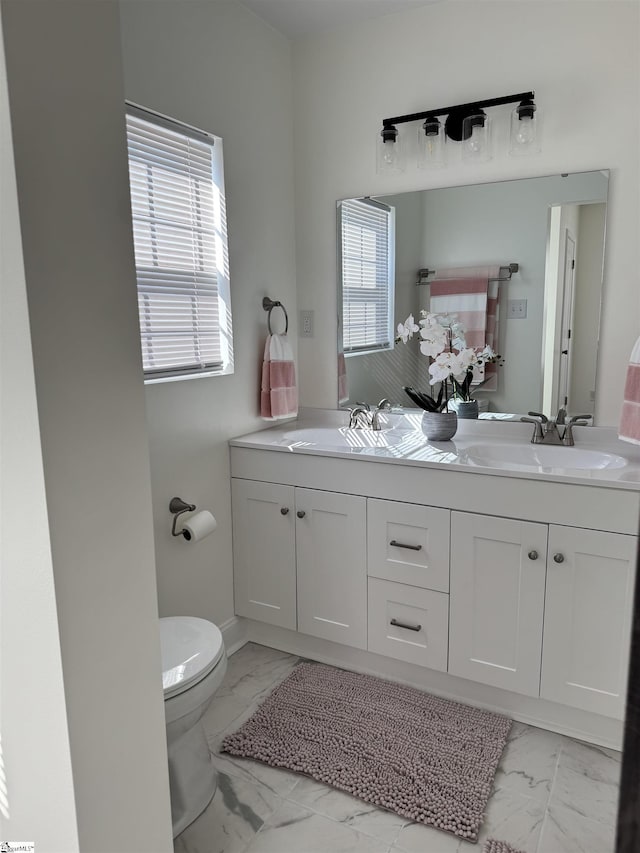 bathroom with a healthy amount of sunlight, toilet, and vanity