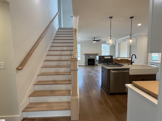 stairway with ceiling fan, wood-type flooring, sink, and ornamental molding